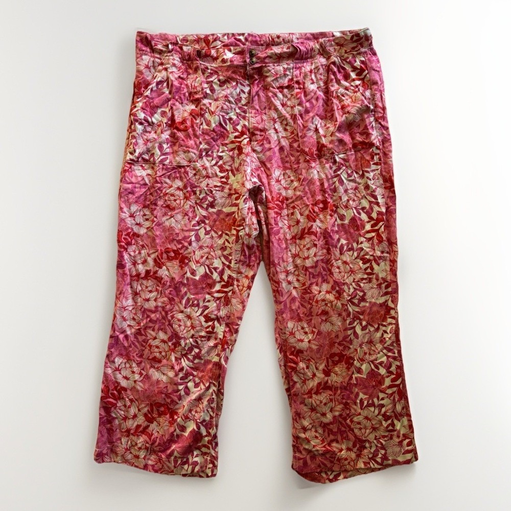Caribbean Joe Floral Pants Womens 16 Pink Tropical Rayon Wide Leg Cropped Summer